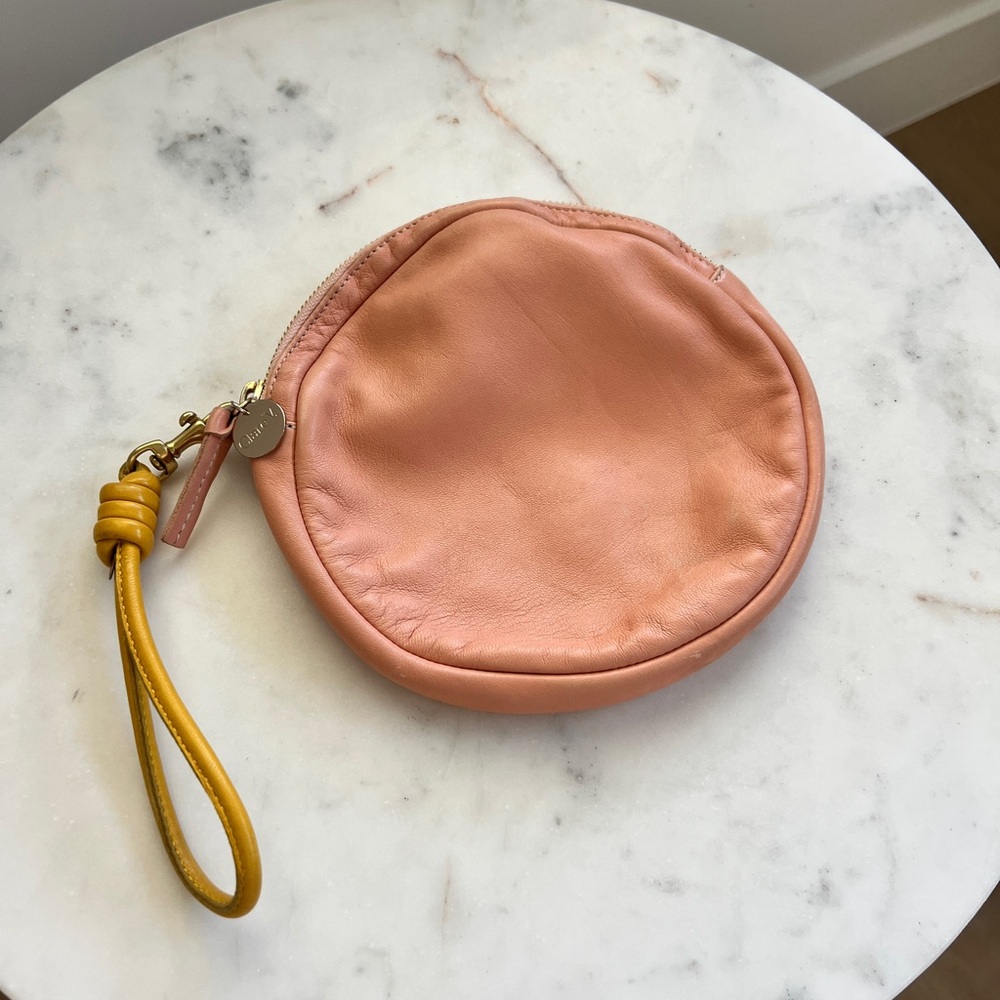 Clare V Round Pink Leather Wristlet with Mustard Strap